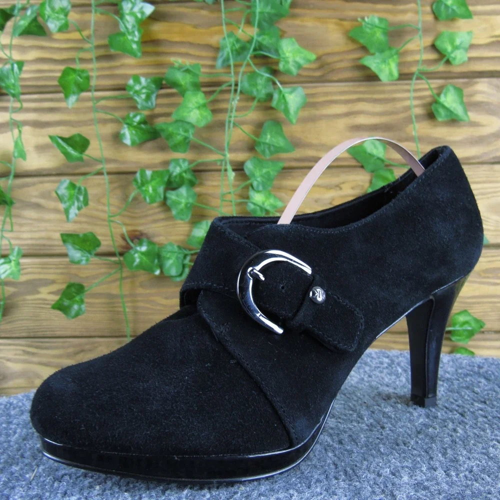 Anne Klein Twinterlyn Women 8.5 Black Suede Buckle Ankle Boots Classic‎ Style